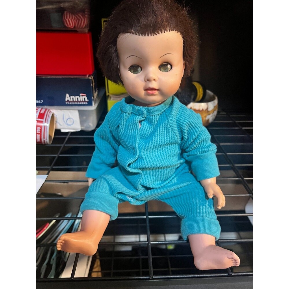 Vintage 80s Baby Plastic Doll 17" Brown Hair Blue Eyes Ribbed Teal Blue Outfit